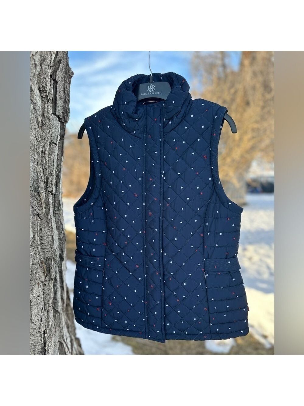 Tommy Hilfiger Puffer Winter Vest Womens Medium Blue with Stars Full Zip Pockets